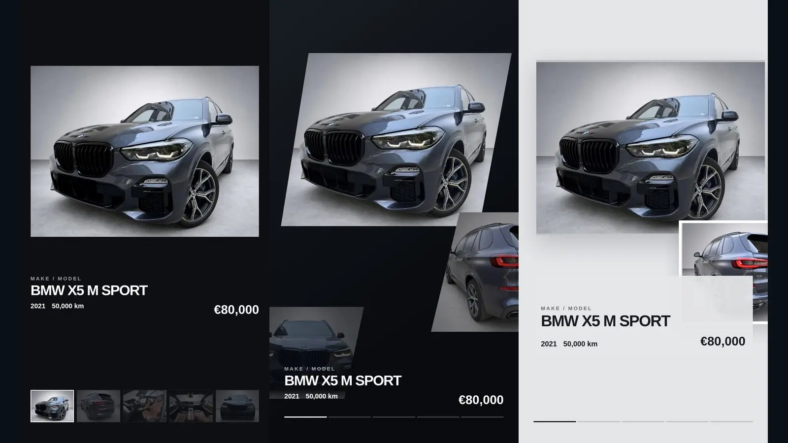 Tre anteprime verticali AutoDash di una BMW X5 M Sport grigia, con modello, 2019, 65.000 km e 38.500 € sullo schermo